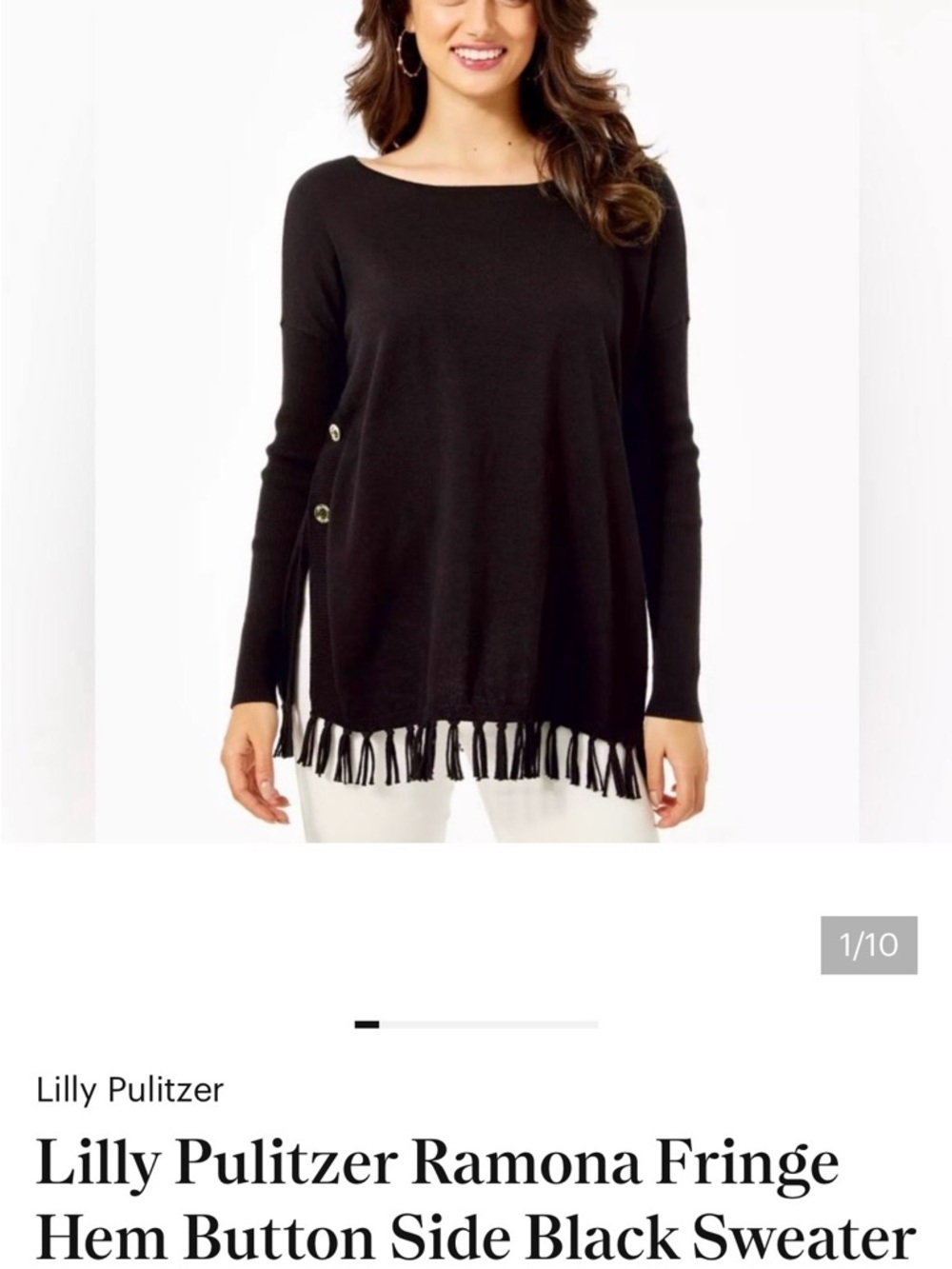 Lilly Pulitzer Black Fringe Hem Long-Sleeve Pullover side button Ramona